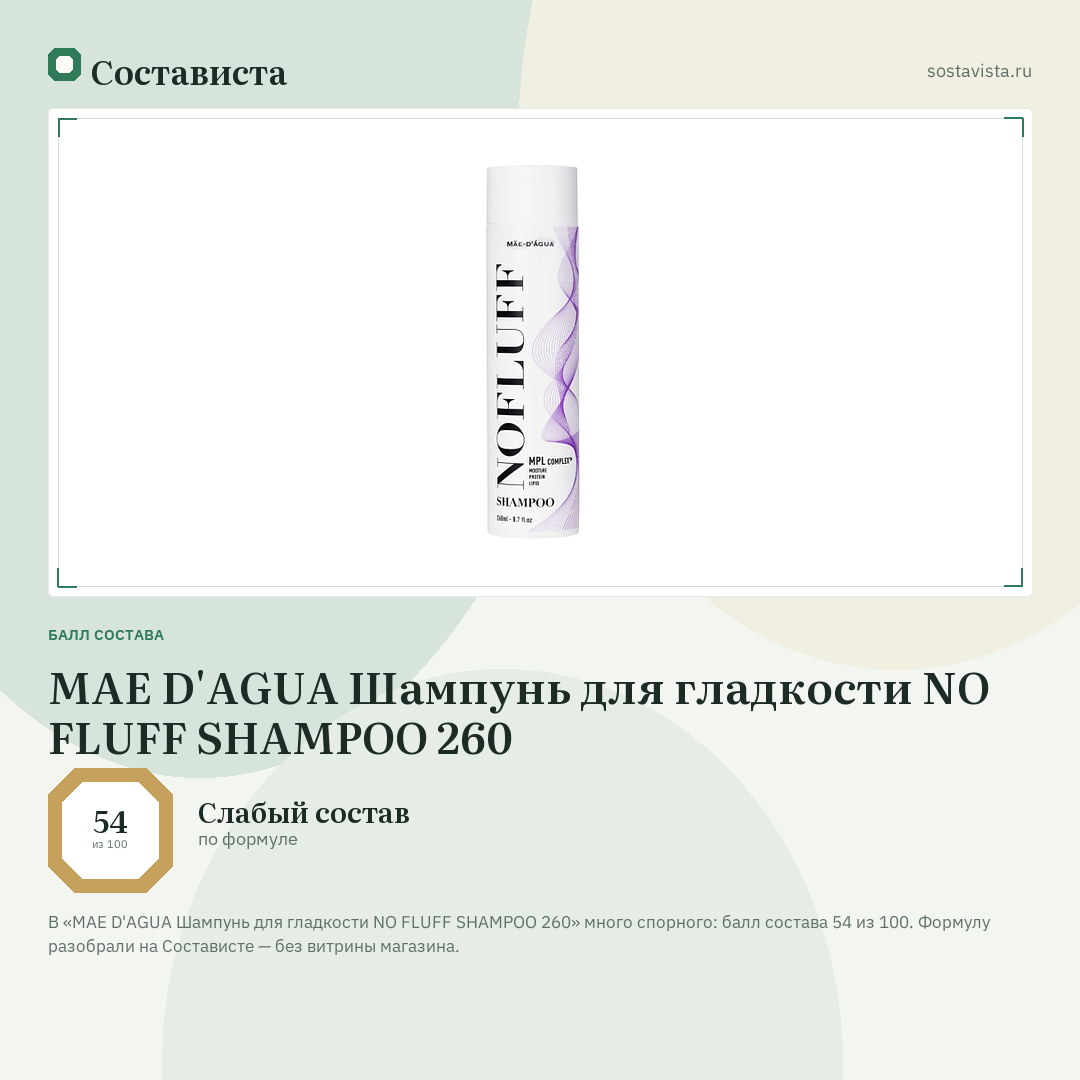 MAE D'AGUA Шампунь для гладкости NO FLUFF SHAMPOO 260: балл состава 54 из 100 — Состависта