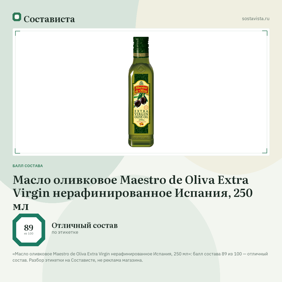 Масло оливковое Maestro de Oliva Extra Virgin нерафинированное Испания, 250 мл: балл состава 89 из 100 — Состависта