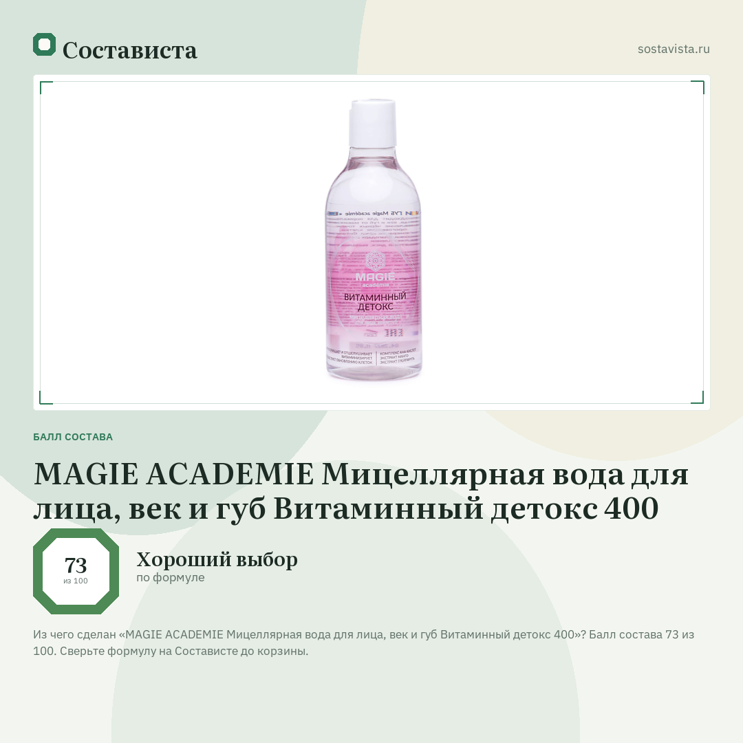 MAGIE ACADEMIE Мицеллярная вода для лица, век и губ Витаминный детокс 400: балл состава 73 из 100 — Состависта
