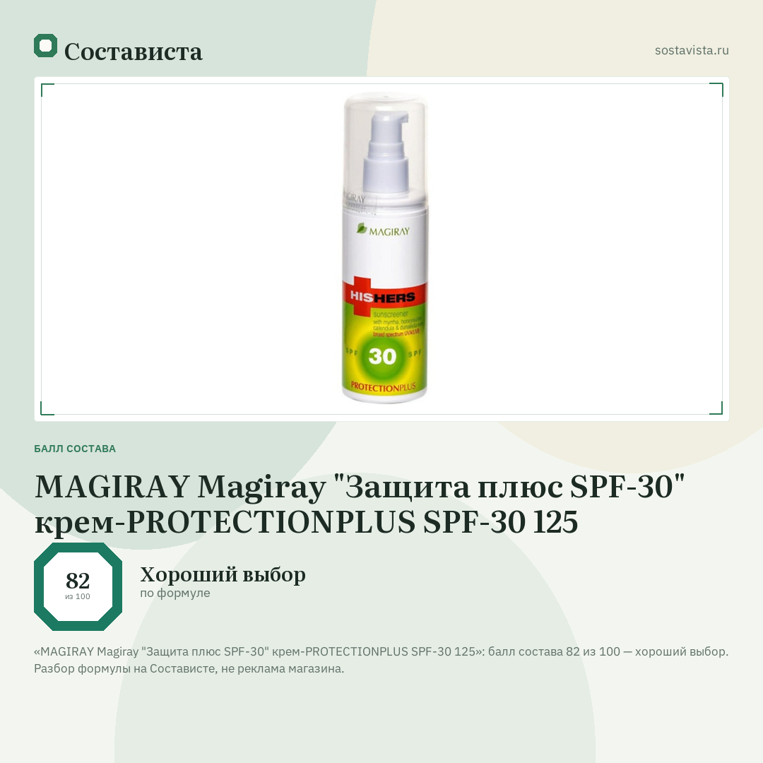 MAGIRAY Magiray "Защита плюс SPF-30" крем-PROTECTIONPLUS SPF-30 125: балл состава 82 из 100 — Состависта