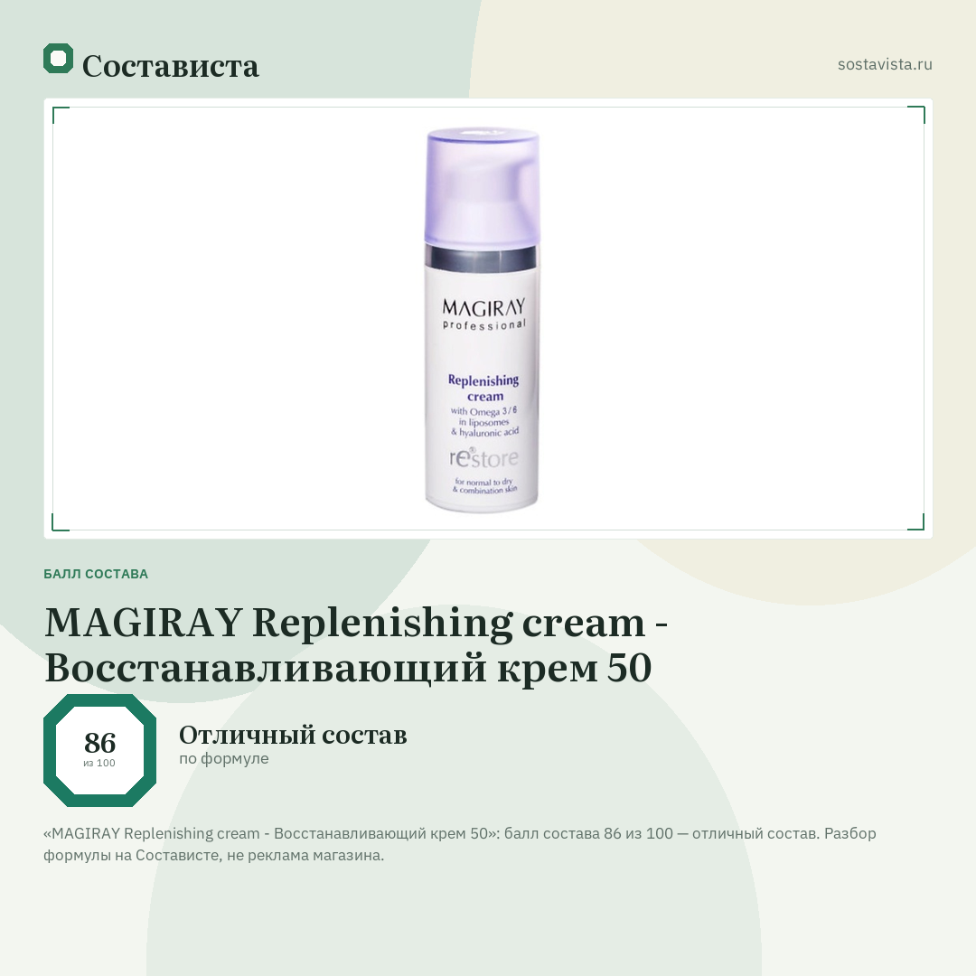 MAGIRAY Replenishing cream - Восстанавливающий крем 50: балл состава 86 из 100 — Состависта