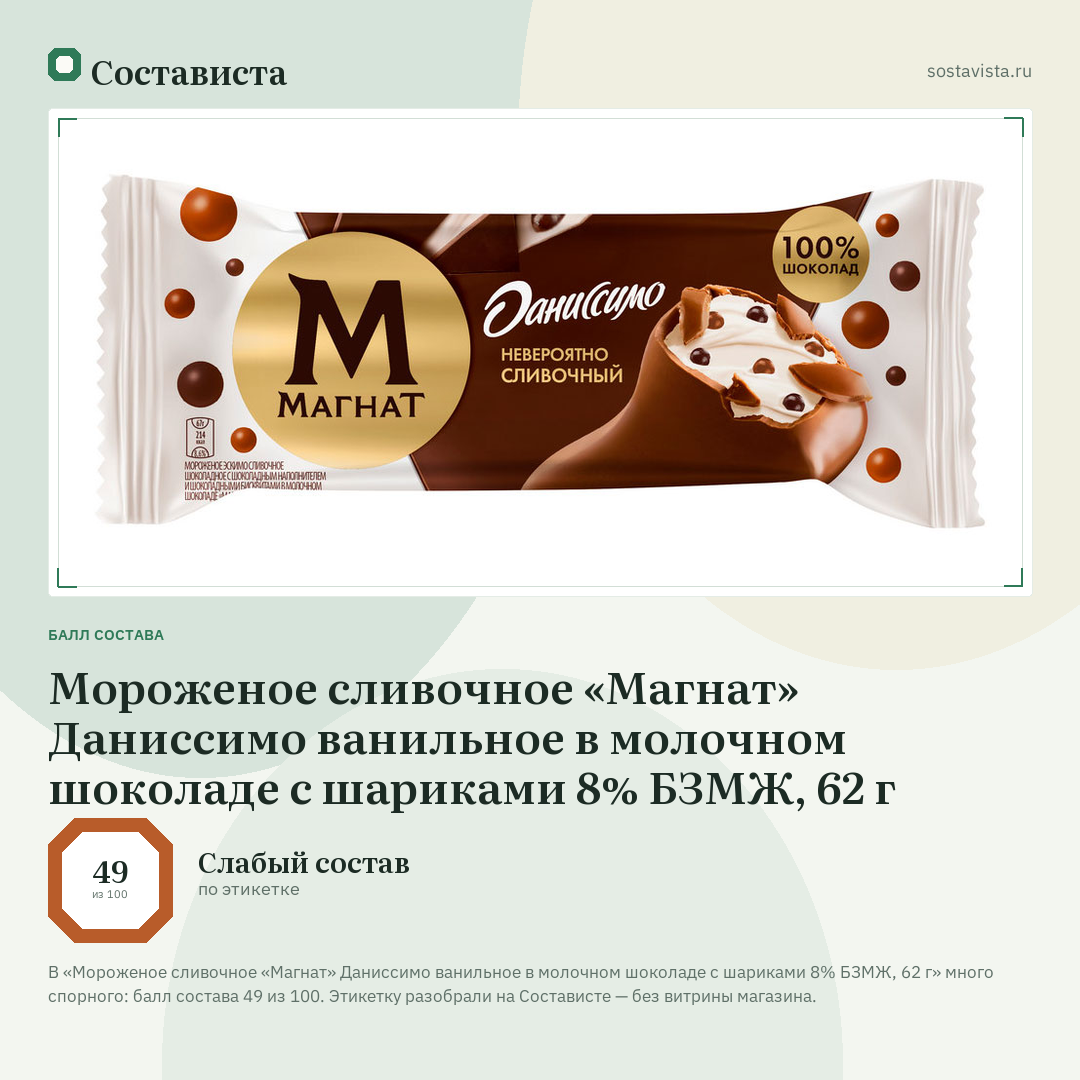 Мороженое сливочное «Магнат» Даниссимо ванильное в молочном шоколаде с шариками 8% БЗМЖ, 62 г: балл состава 49 из 100 — Состависта