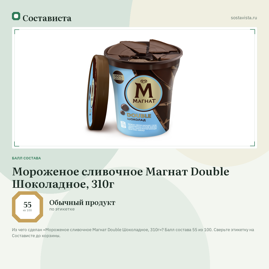 Мороженое сливочное Магнат Double Шоколадное, 310г: балл состава 55 из 100 — Состависта