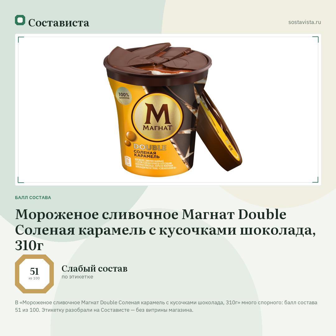 Мороженое сливочное Магнат Double Соленая карамель с кусочками шоколада, 310г: балл состава 51 из 100 — Состависта