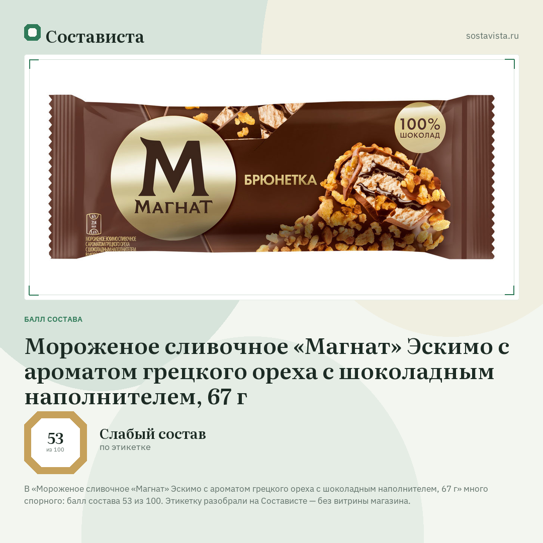 Мороженое сливочное «Магнат» Эскимо с ароматом грецкого ореха с шоколадным наполнителем, 67 г: балл состава 53 из 100 — Состависта