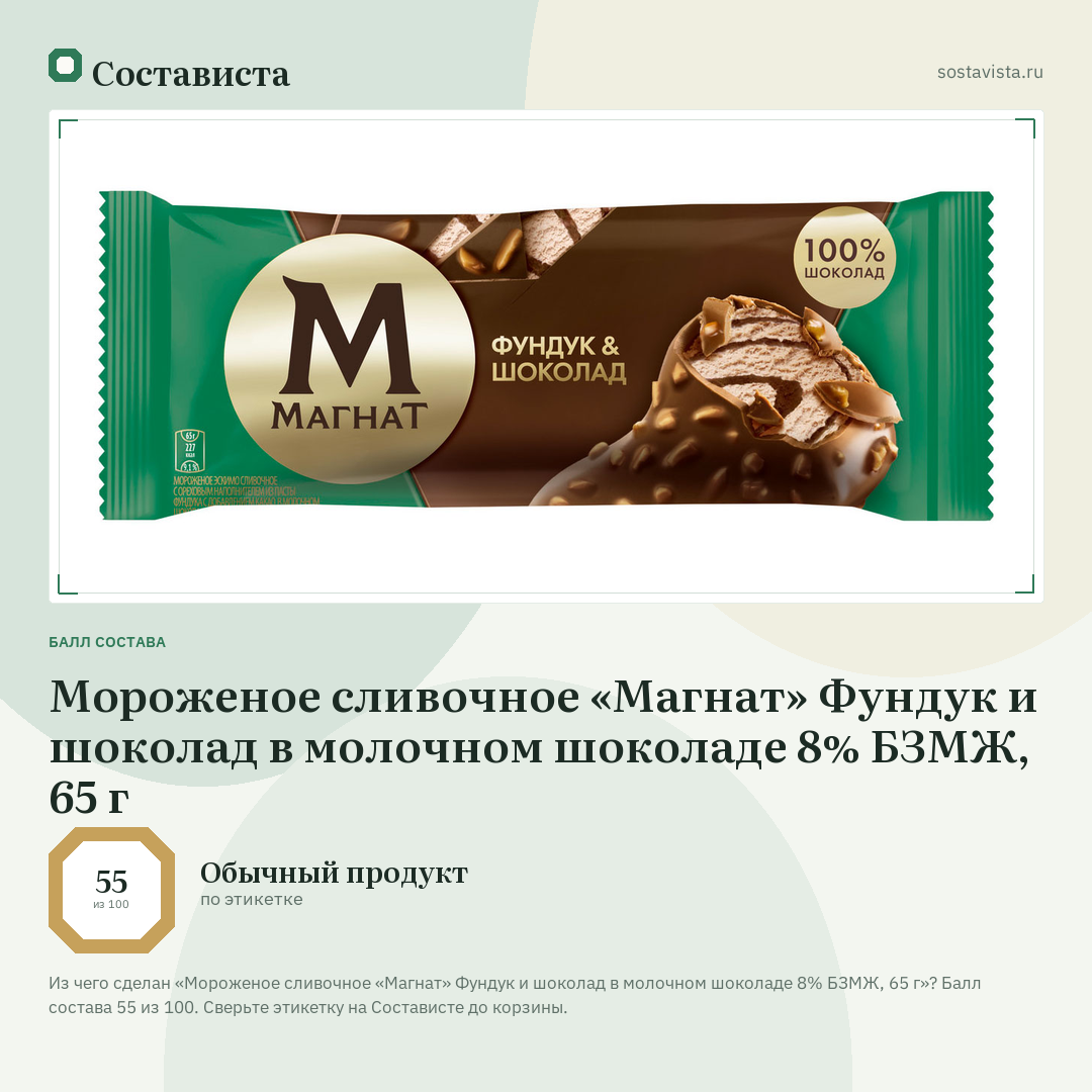 Мороженое сливочное «Магнат» Фундук и шоколад в молочном шоколаде 8% БЗМЖ, 65 г: балл состава 55 из 100 — Состависта