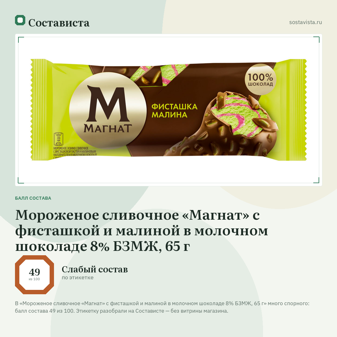 Мороженое сливочное «Магнат» с фисташкой и малиной в молочном шоколаде 8% БЗМЖ, 65 г: балл состава 49 из 100 — Состависта