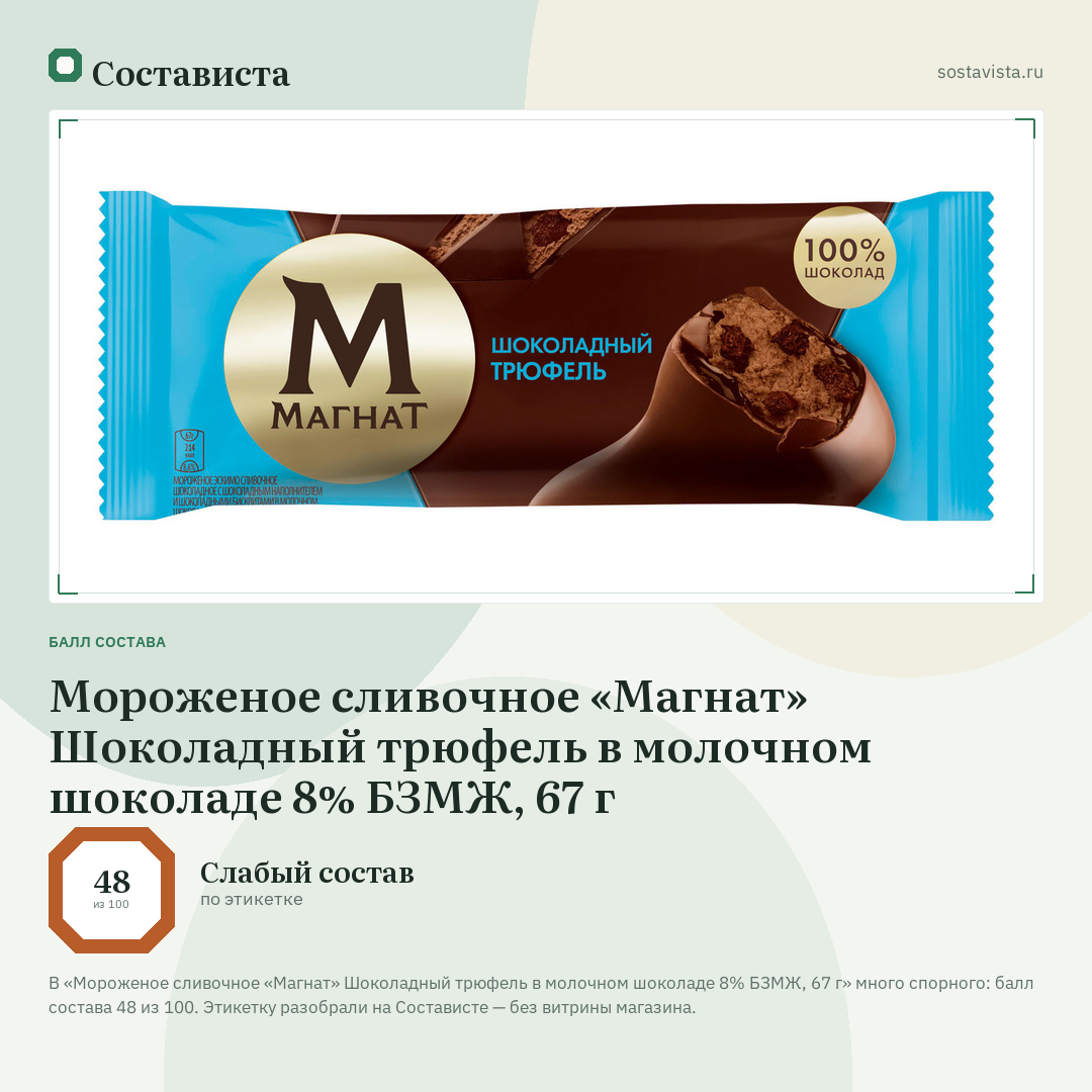 Мороженое сливочное «Магнат» Шоколадный трюфель в молочном шоколаде 8% БЗМЖ, 67 г: балл состава 48 из 100 — Состависта