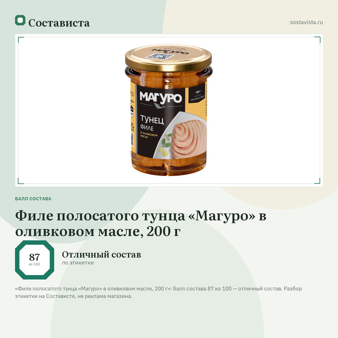 Филе полосатого тунца «Магуро» в оливковом масле, 200 г: балл состава 87 из 100 — Состависта