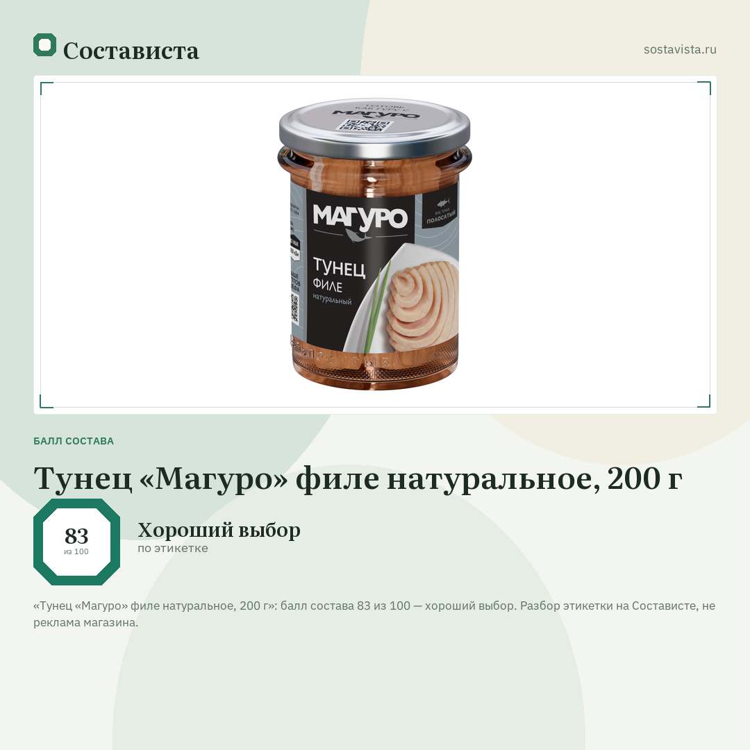 Тунец «Магуро» филе натуральное, 200 г: балл состава 83 из 100 — Состависта