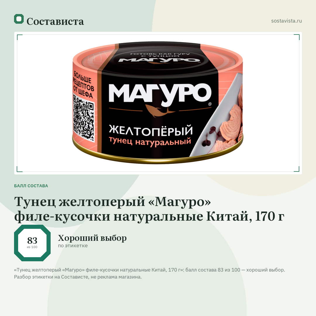 Тунец желтоперый «Магуро» филе-кусочки натуральные Китай, 170 г: балл состава 83 из 100 — Состависта