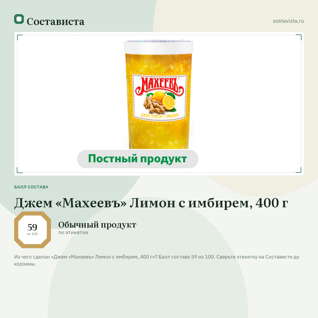 Джем «Махеевъ» Лимон с имбирем, 400 г: балл состава 59 из 100 — Состависта