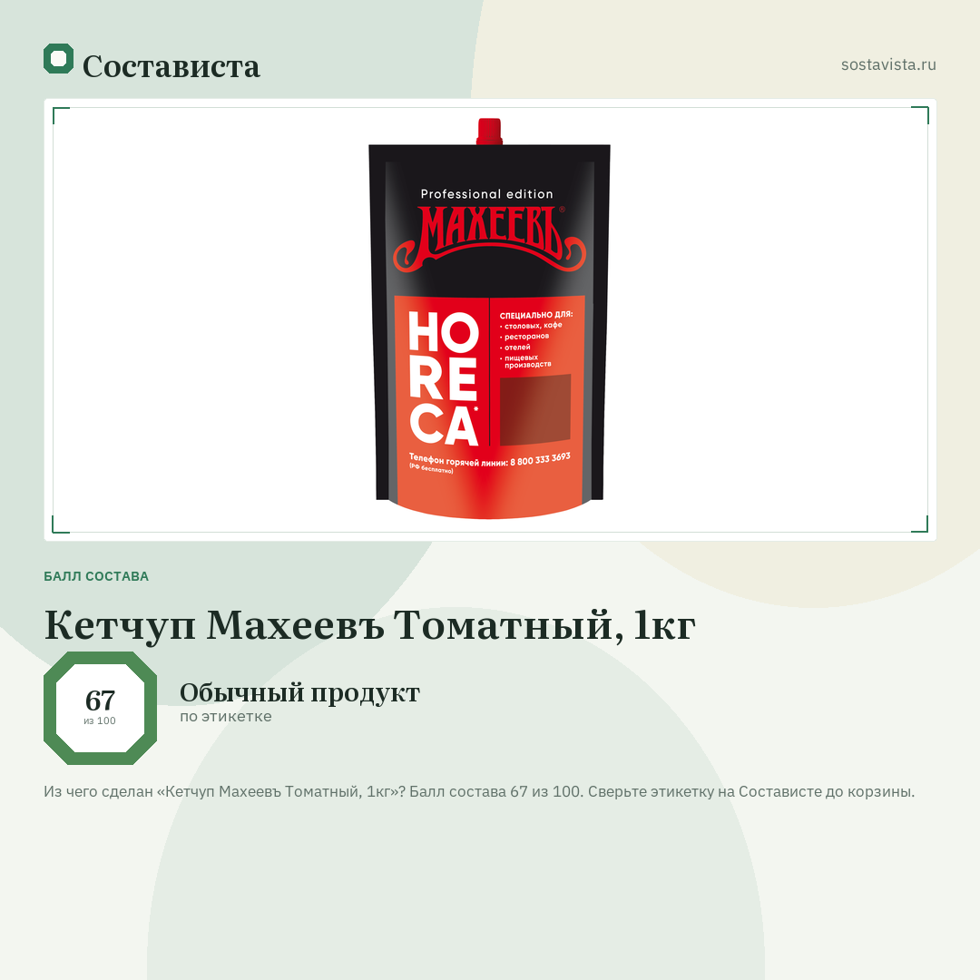 Кетчуп Махеевъ Томатный, 1кг: балл состава 67 из 100 — Состависта