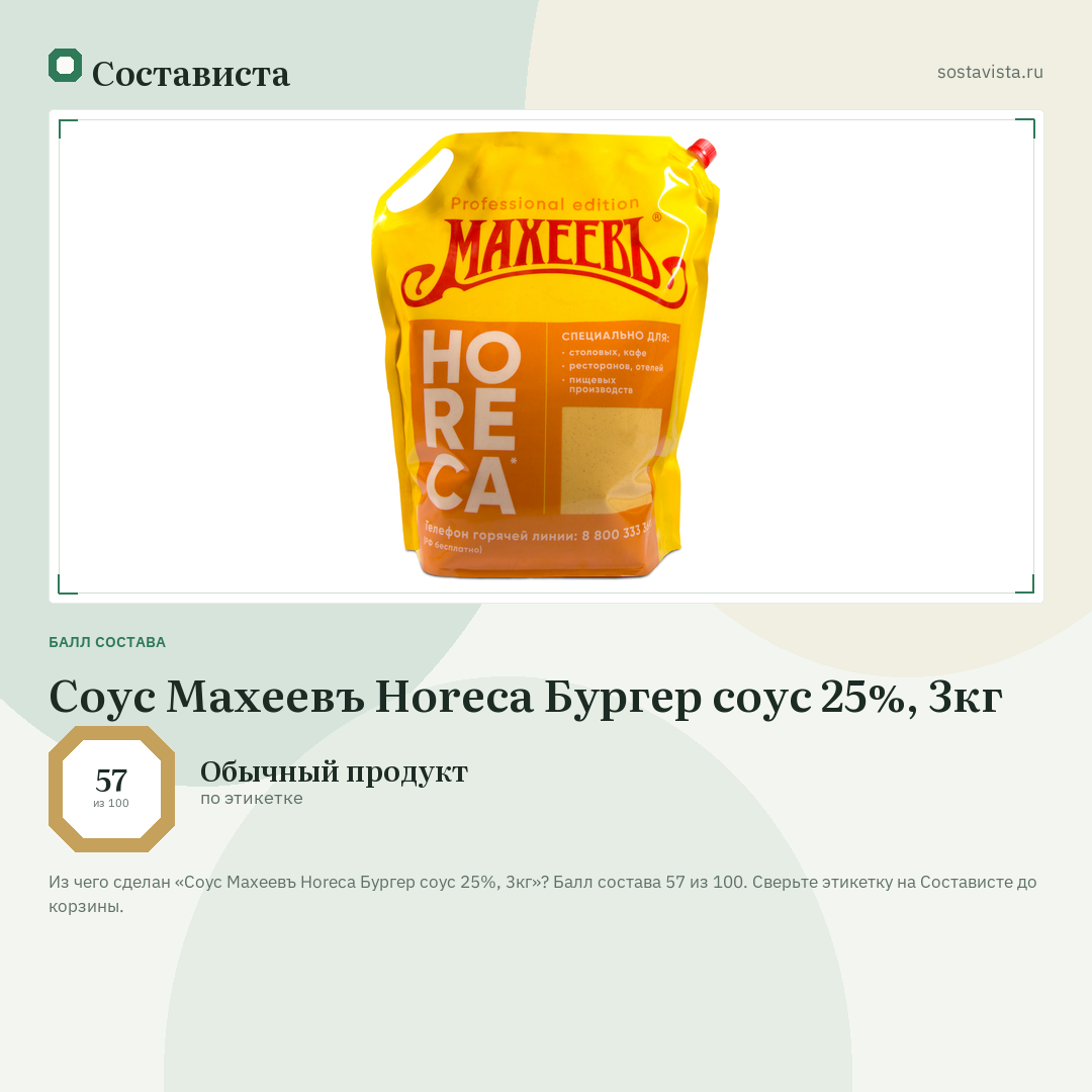Соус Махеевъ Horeca Бургер соус 25%, 3кг: балл состава 57 из 100 — Состависта