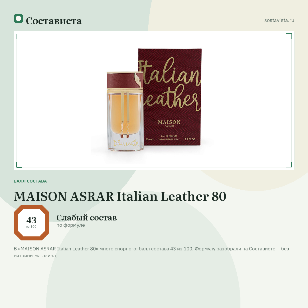 MAISON ASRAR Italian Leather 80: балл состава 43 из 100 — Состависта