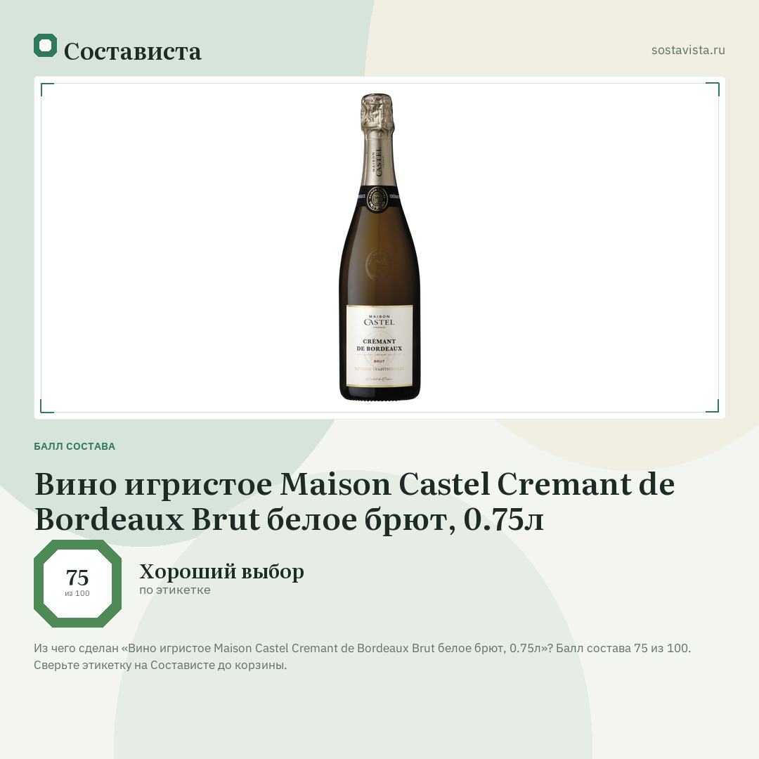 Вино игристое Maison Castel Cremant de Bordeaux Brut белое брют, 0.75л: балл состава 75 из 100 — Состависта