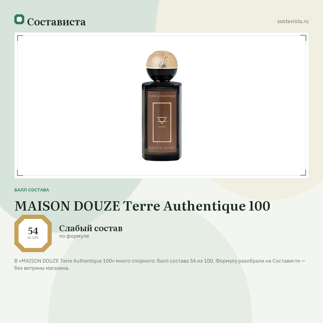 MAISON DOUZE Terre Authentique 100: балл состава 54 из 100 — Состависта