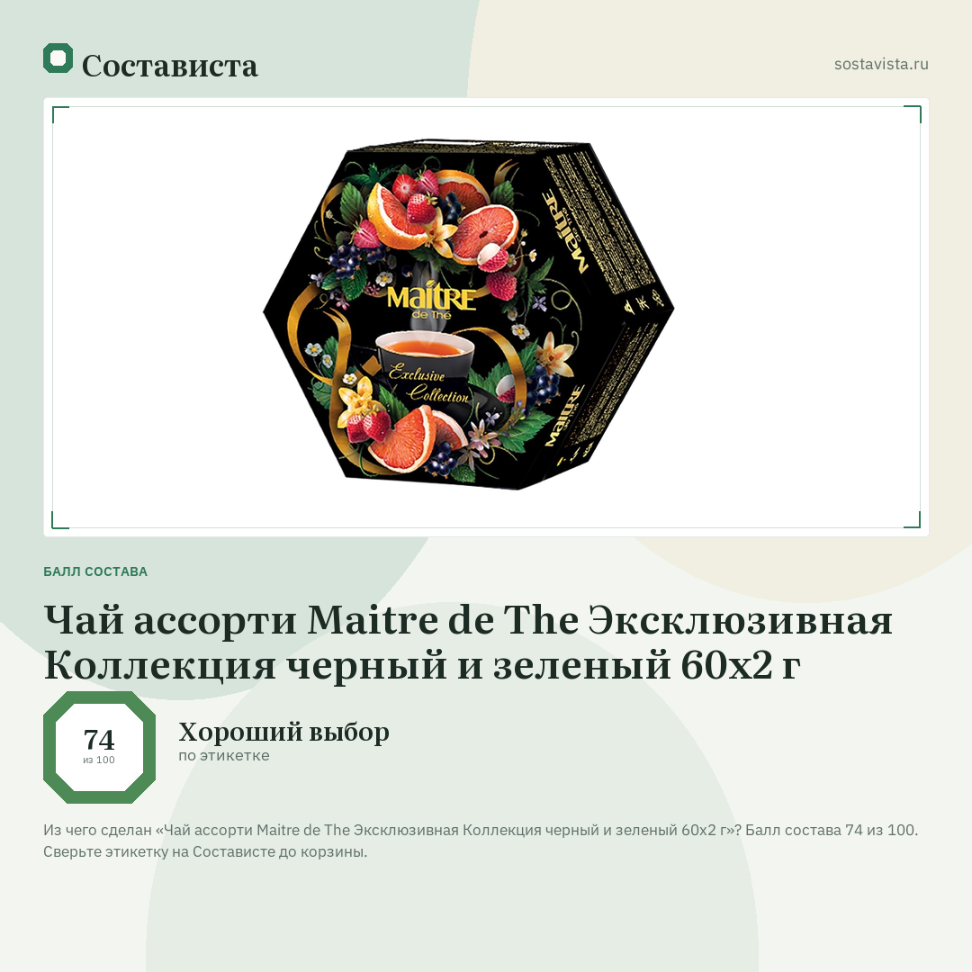 Чай ассорти Maitre de The Эксклюзивная Коллекция черный и зеленый 60х2 г: балл состава 74 из 100 — Состависта