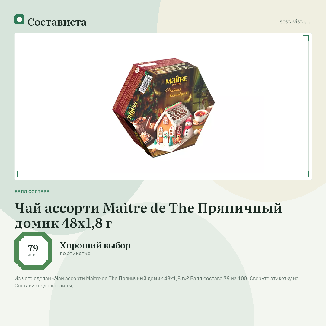 Чай ассорти Maitre de The Пряничный домик 48х1,8 г: балл состава 79 из 100 — Состависта