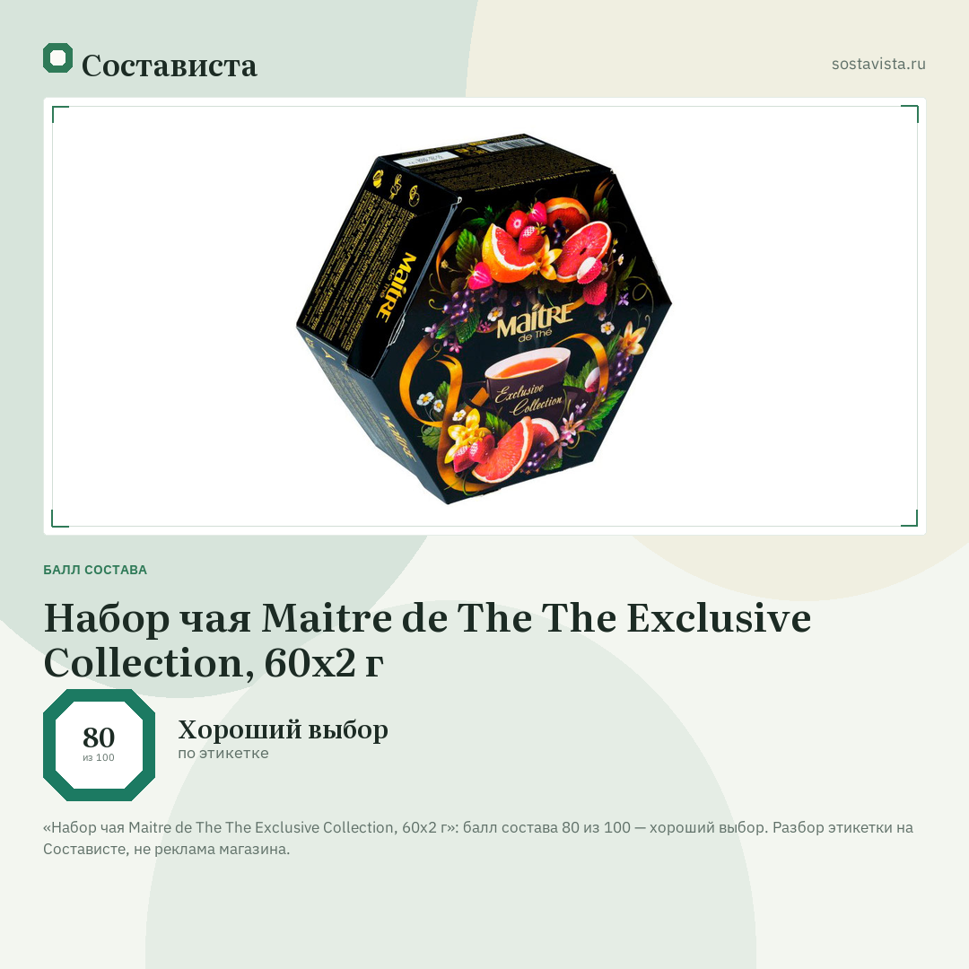 Набор чая Maitre de The The Exclusive Collection, 60х2 г: балл состава 80 из 100 — Состависта