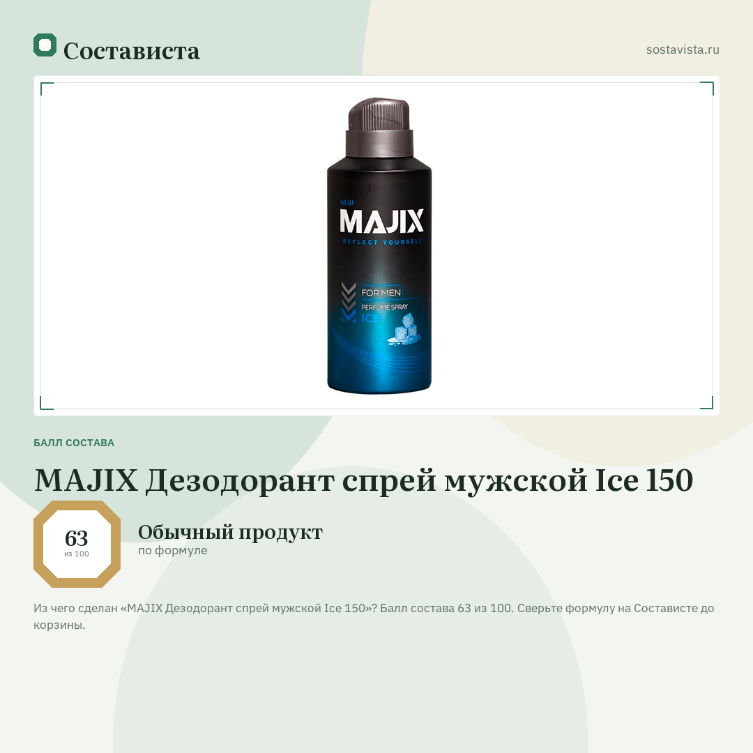 MAJIX Дезодорант спрей мужской Ice 150: балл состава 63 из 100 — Состависта