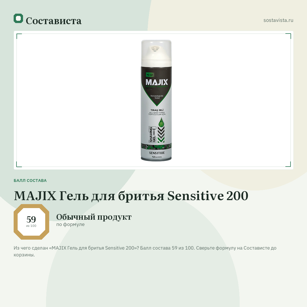 MAJIX Гель для бритья Sensitive 200: балл состава 59 из 100 — Состависта