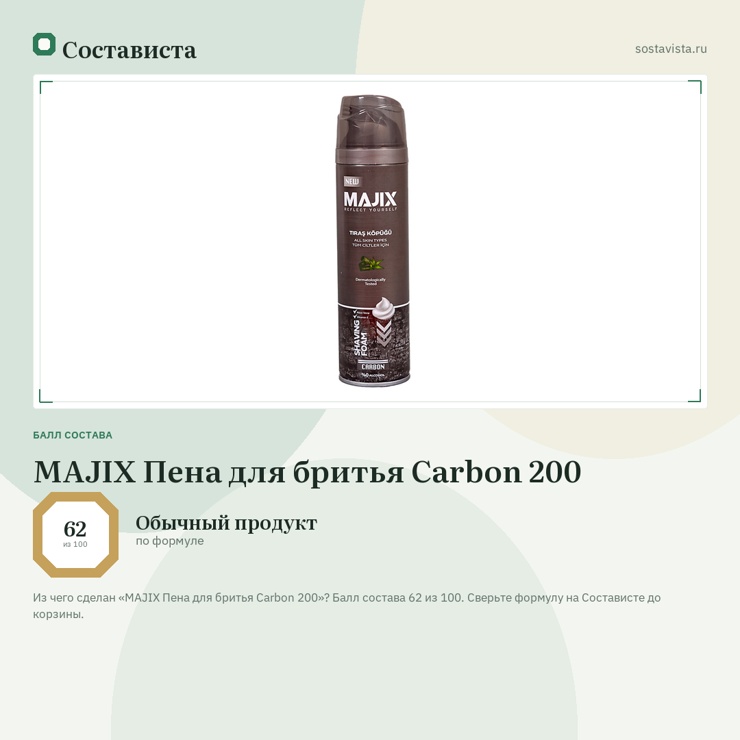 MAJIX Пена для бритья Carbon 200: балл состава 62 из 100 — Состависта