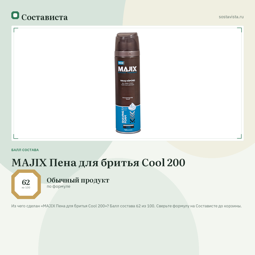 MAJIX Пена для бритья Cool 200: балл состава 62 из 100 — Состависта