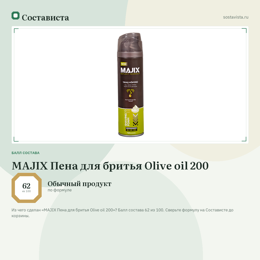 MAJIX Пена для бритья Olive oil 200: балл состава 62 из 100 — Состависта