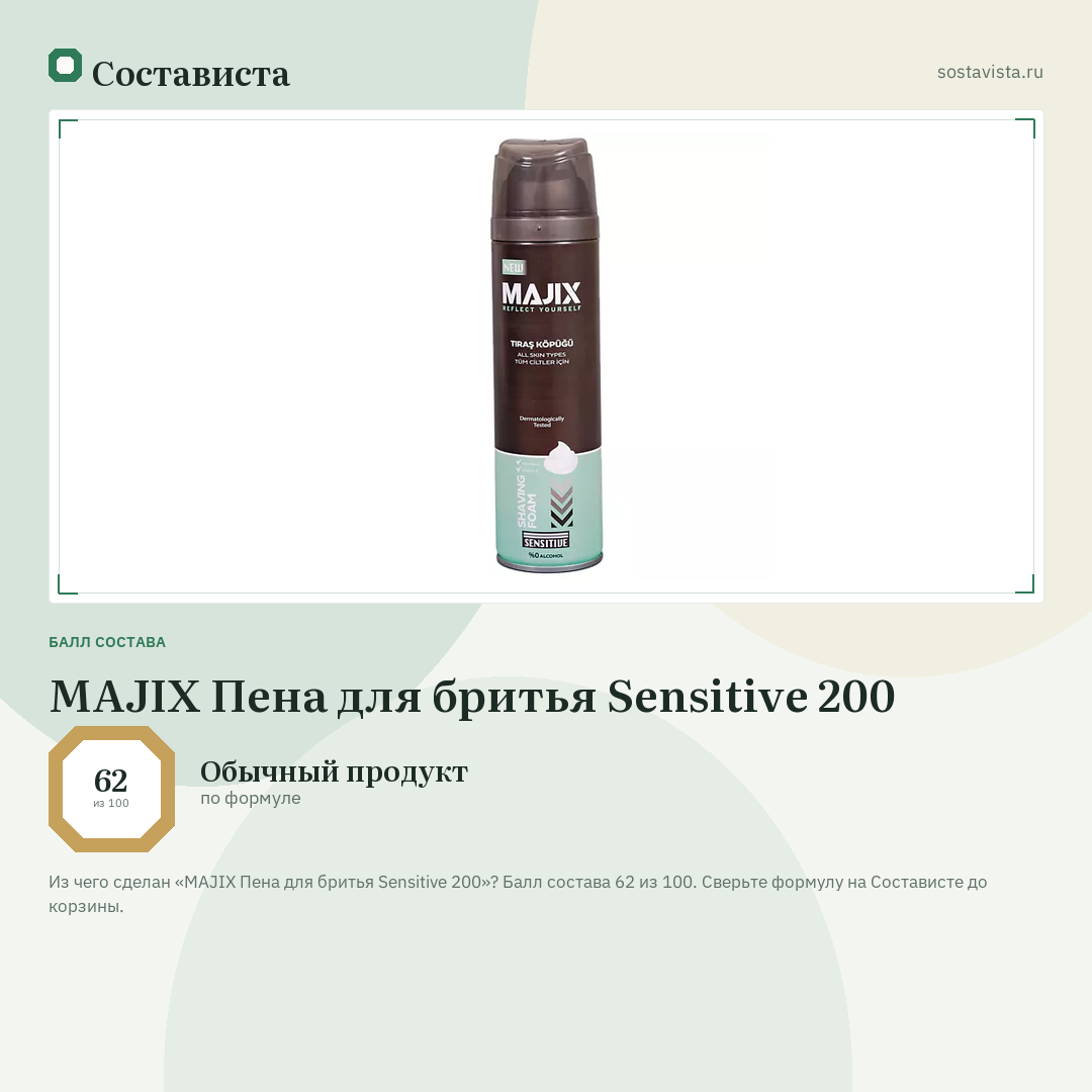 MAJIX Пена для бритья Sensitive 200: балл состава 62 из 100 — Состависта