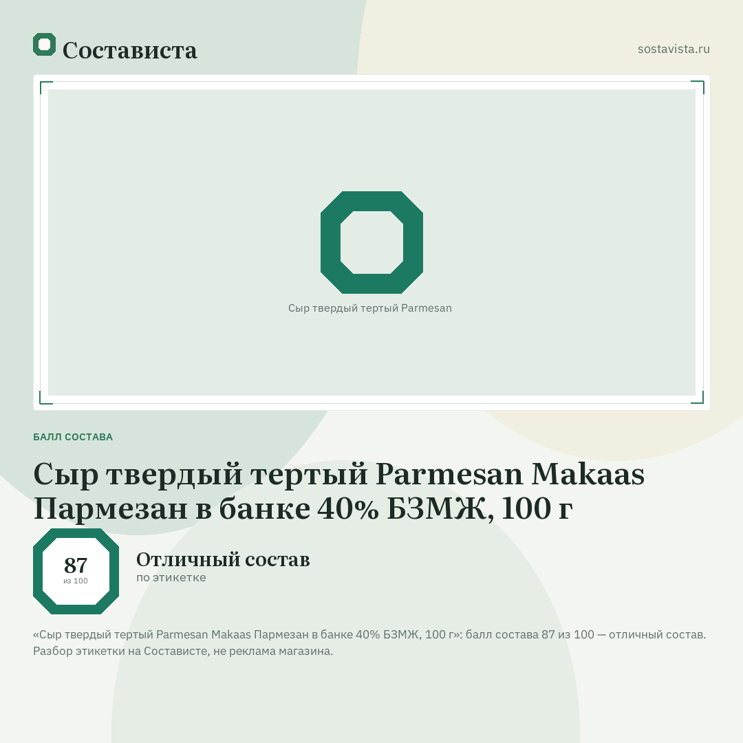 Сыр твердый тертый Parmesan Makaas Пармезан в банке 40% БЗМЖ, 100 г: балл состава 87 из 100 — Состависта