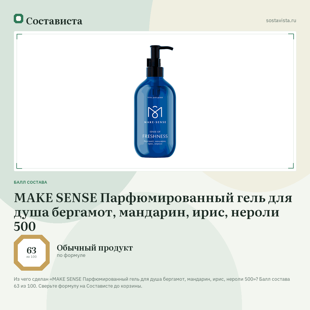 MAKE SENSE Парфюмированный гель для душа бергамот, мандарин, ирис, нероли 500: балл состава 63 из 100 — Состависта