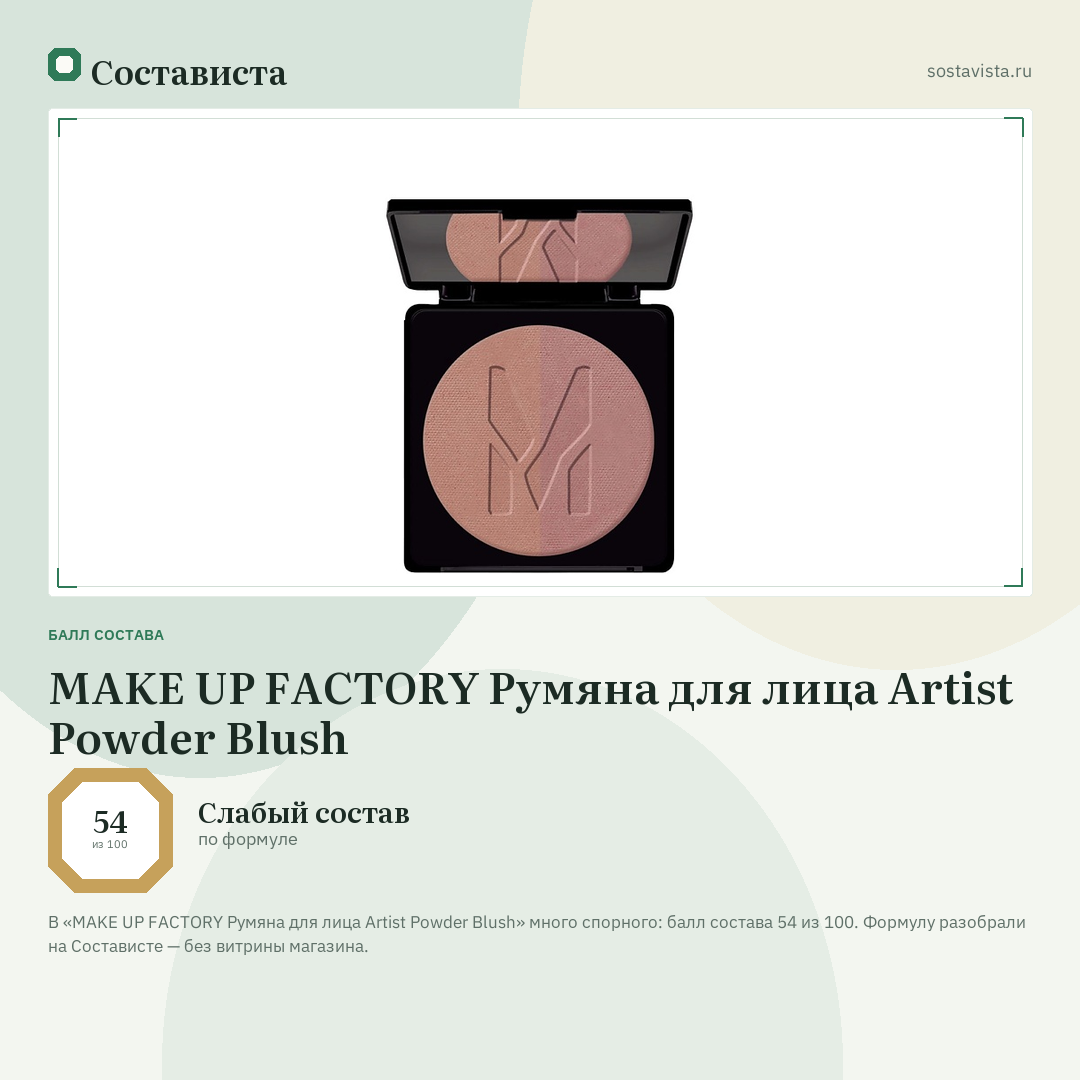 MAKE UP FACTORY Румяна для лица Artist Powder Blush: балл состава 54 из 100 — Состависта