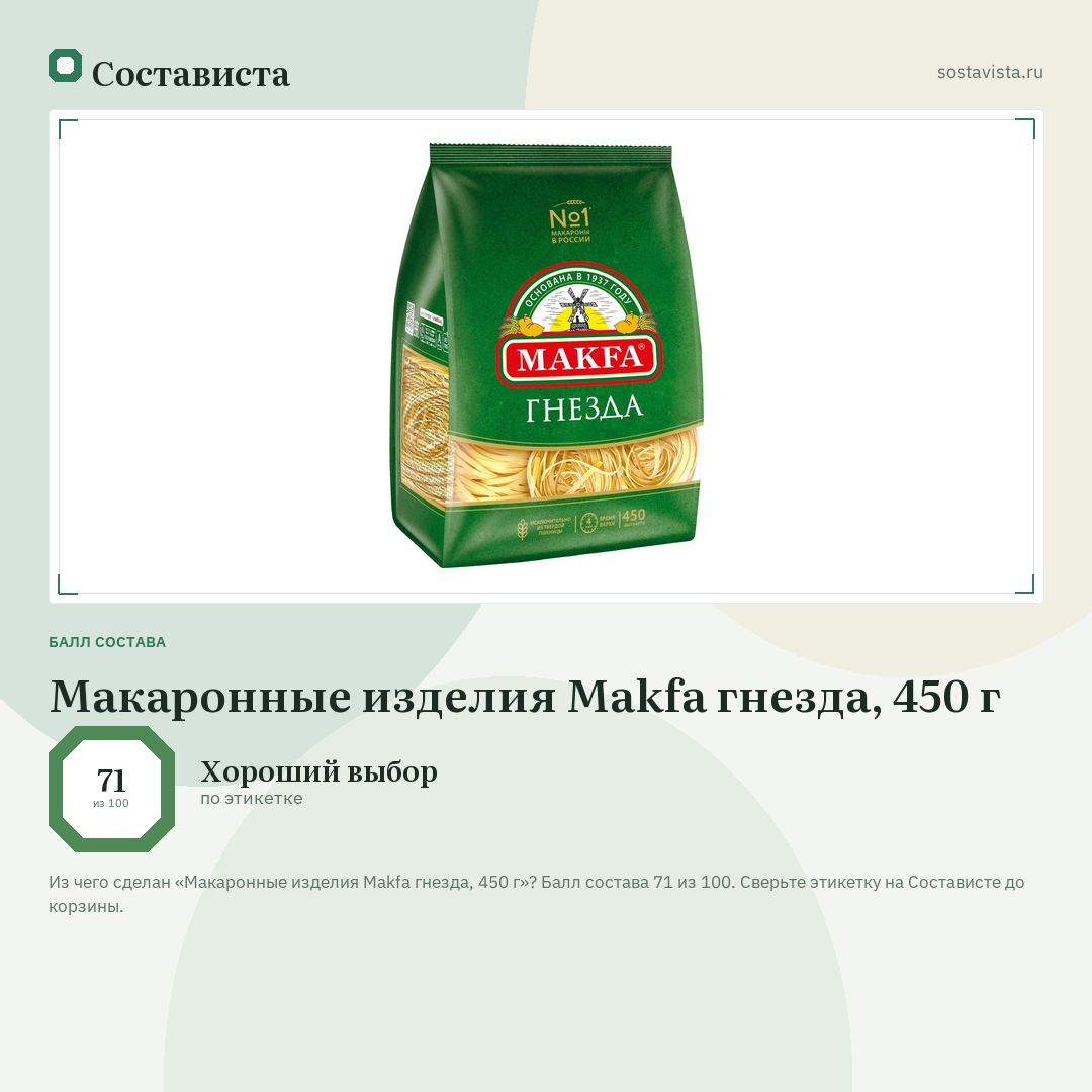 Макаронные изделия Makfa гнезда, 450 г: балл состава 71 из 100 — Состависта