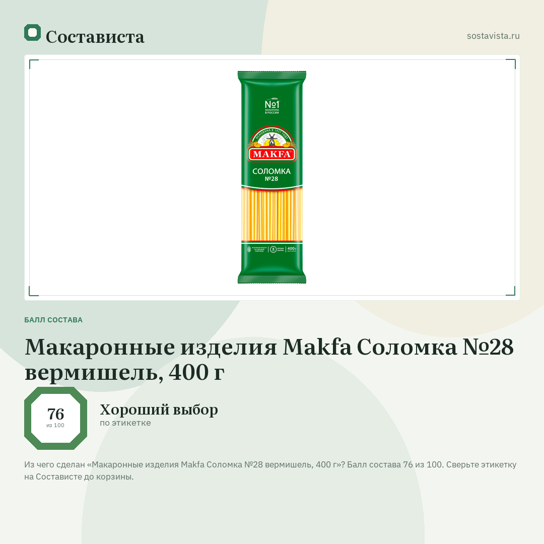 Макаронные изделия Makfa Соломка №28 вермишель, 400 г: балл состава 76 из 100 — Состависта