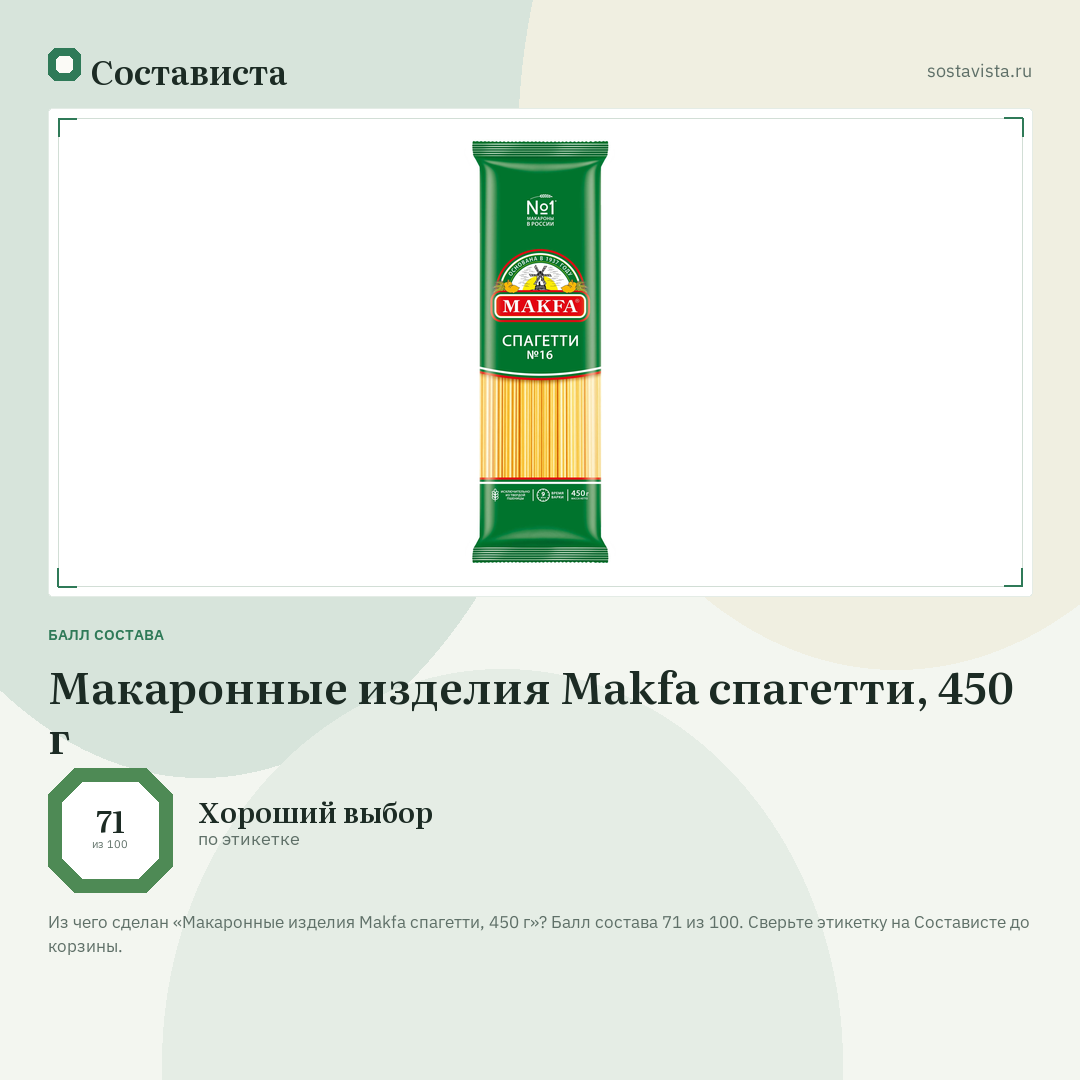 Макаронные изделия Makfa спагетти, 450 г: балл состава 71 из 100 — Состависта