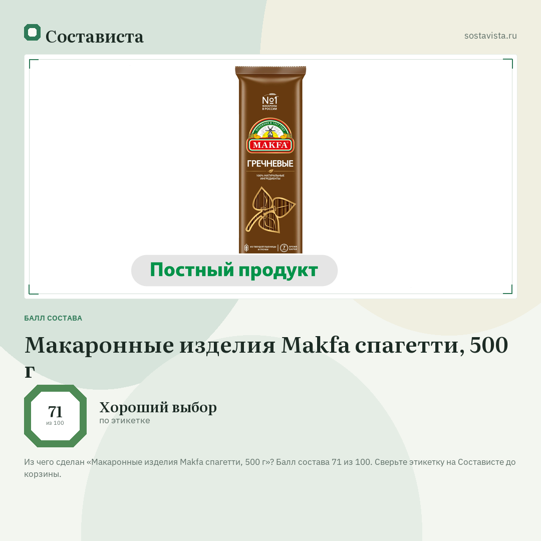 Макаронные изделия Makfa спагетти, 500 г: балл состава 71 из 100 — Состависта