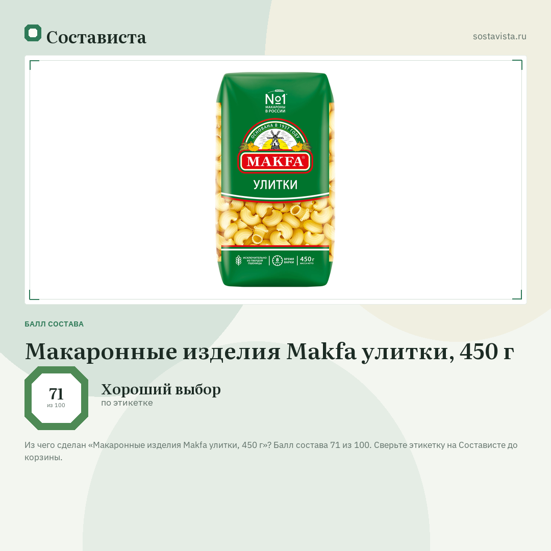 Макаронные изделия Makfa улитки, 450 г: балл состава 71 из 100 — Состависта