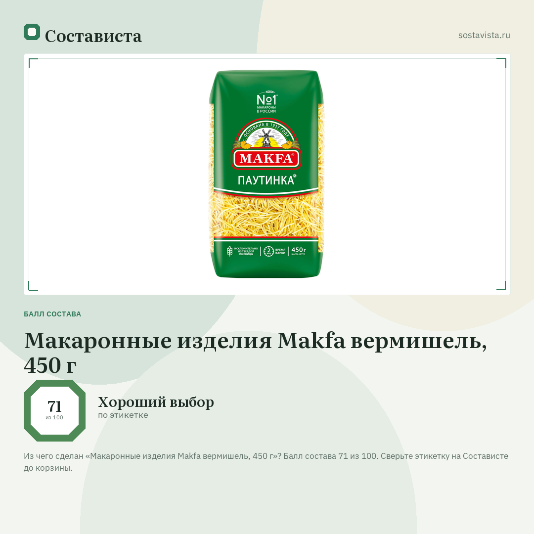 Макаронные изделия Makfa вермишель, 450 г: балл состава 71 из 100 — Состависта