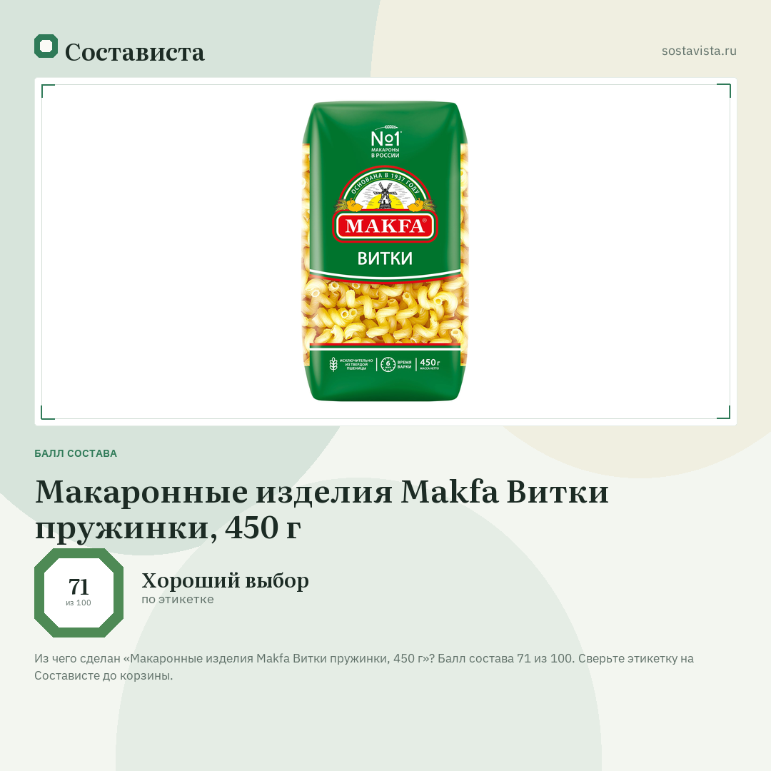 Макаронные изделия Makfa Витки пружинки, 450 г: балл состава 71 из 100 — Состависта
