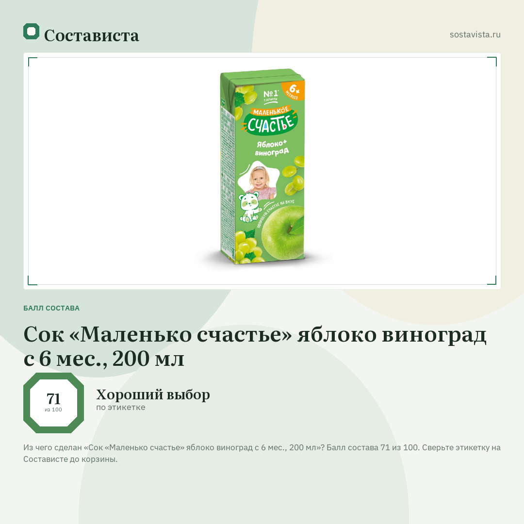 Сок «Маленько счастье» яблоко виноград с 6 мес., 200 мл: балл состава 71 из 100 — Состависта