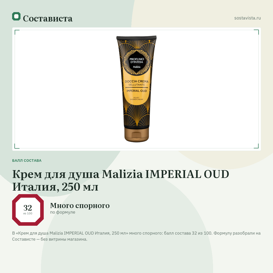 Крем для душа Malizia IMPERIAL OUD Италия, 250 мл: балл состава 32 из 100 — Состависта