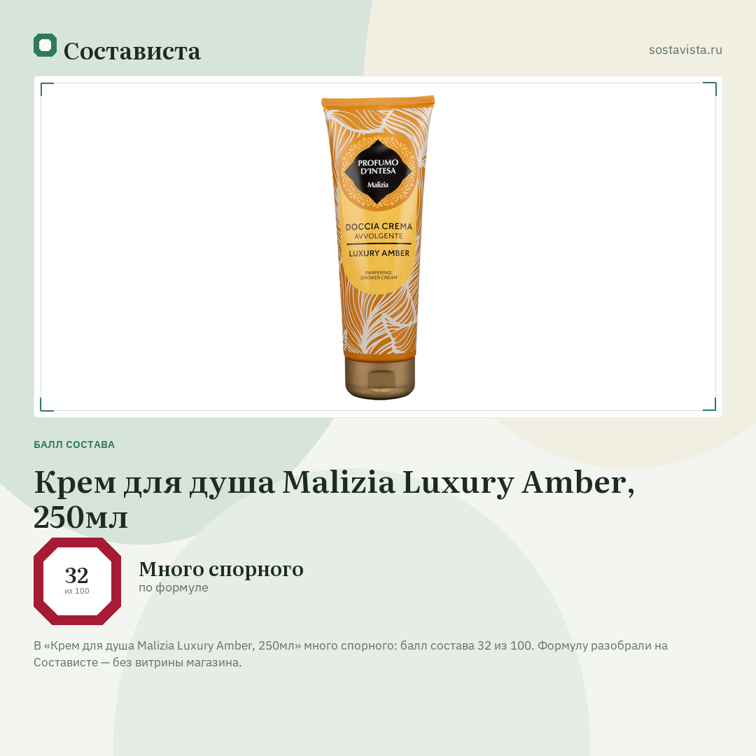 Крем для душа Malizia Luxury Amber, 250мл: балл состава 32 из 100 — Состависта