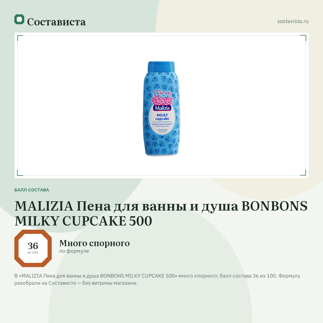 MALIZIA Пена для ванны и душа BONBONS MILKY CUPCAKE 500: балл состава 36 из 100 — Состависта