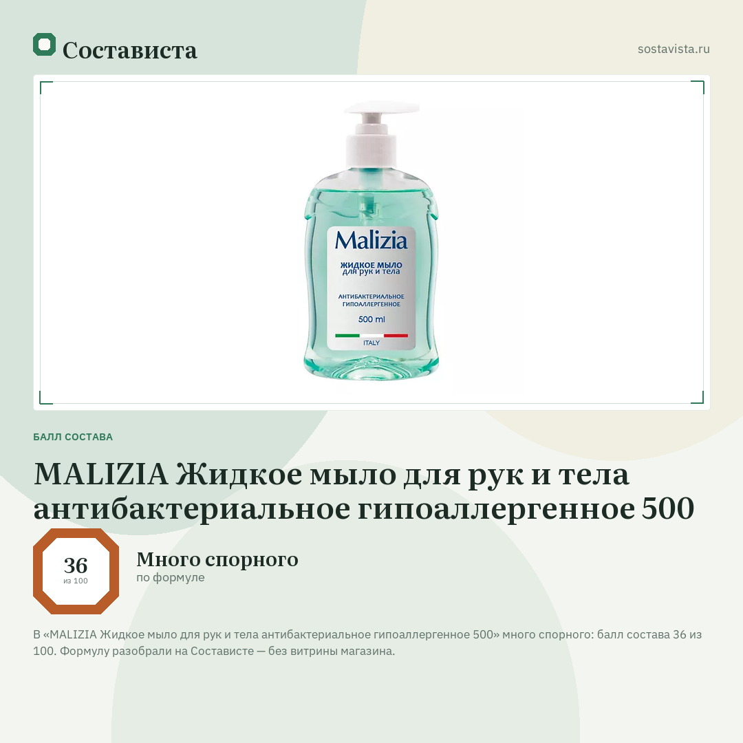 MALIZIA Жидкое мыло для рук и тела антибактериальное гипоаллергенное 500: балл состава 36 из 100 — Состависта