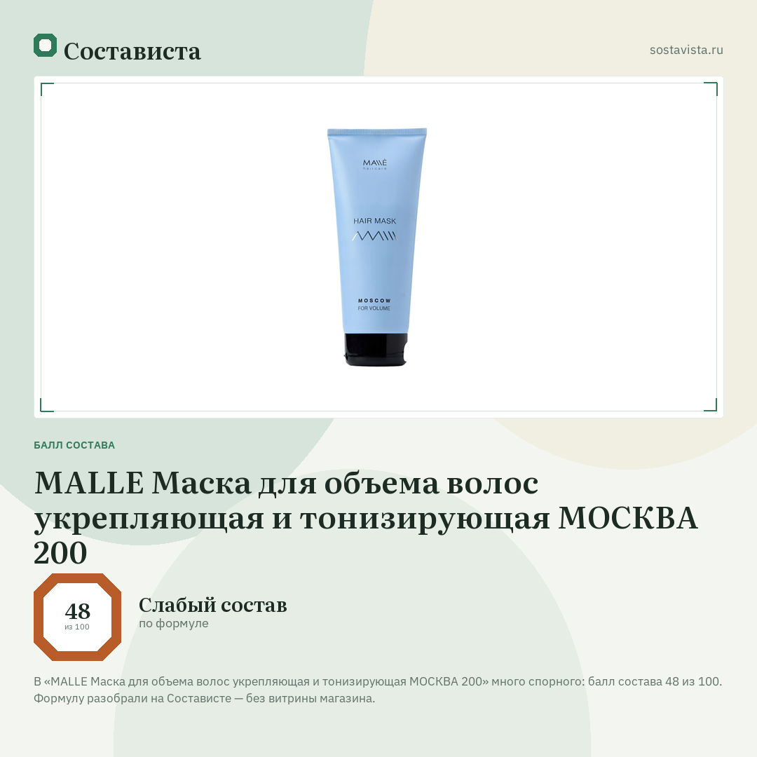 MALLE Маска для объема волос укрепляющая и тонизирующая МОСКВА 200: балл состава 48 из 100 — Состависта