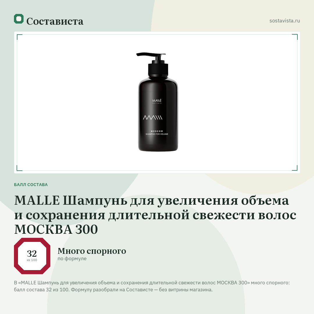 MALLE Шампунь для увеличения объема и сохранения длительной свежести волос МОСКВА 300: балл состава 32 из 100 — Состависта
