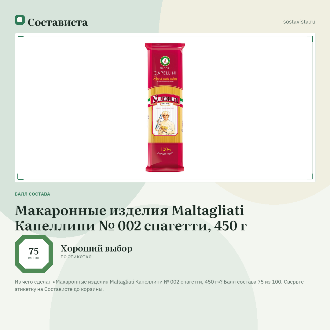 Макаронные изделия Maltagliati Капеллини № 002 спагетти, 450 г: балл состава 75 из 100 — Состависта