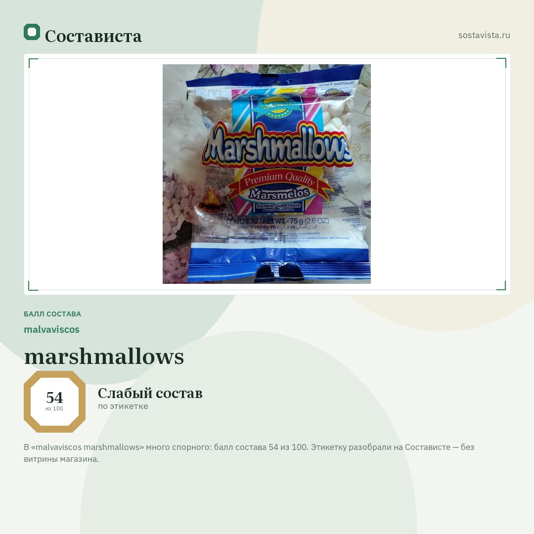 malvaviscos marshmallows: балл состава 54 из 100 — Состависта