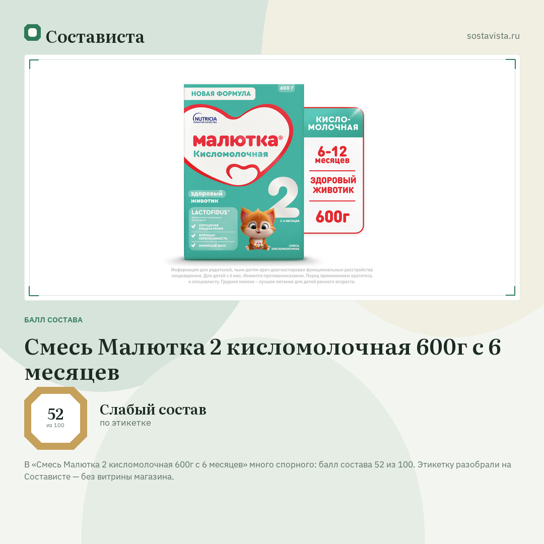 Смесь Малютка 2 кисломолочная 600г с 6 месяцев: балл состава 52 из 100 — Состависта